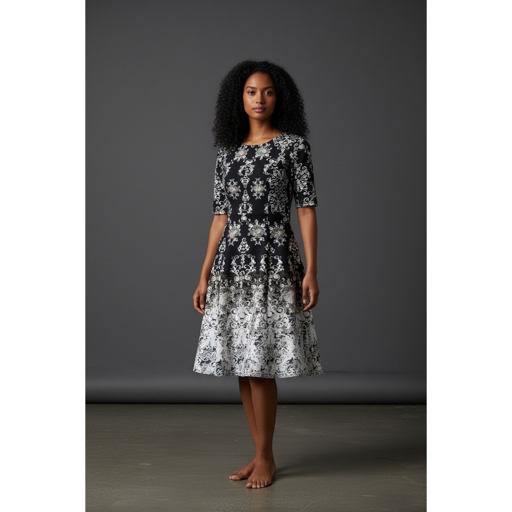 NWT Julian Taylor New York‎ Womens Black White Baroque Ombre Flare Dress 14